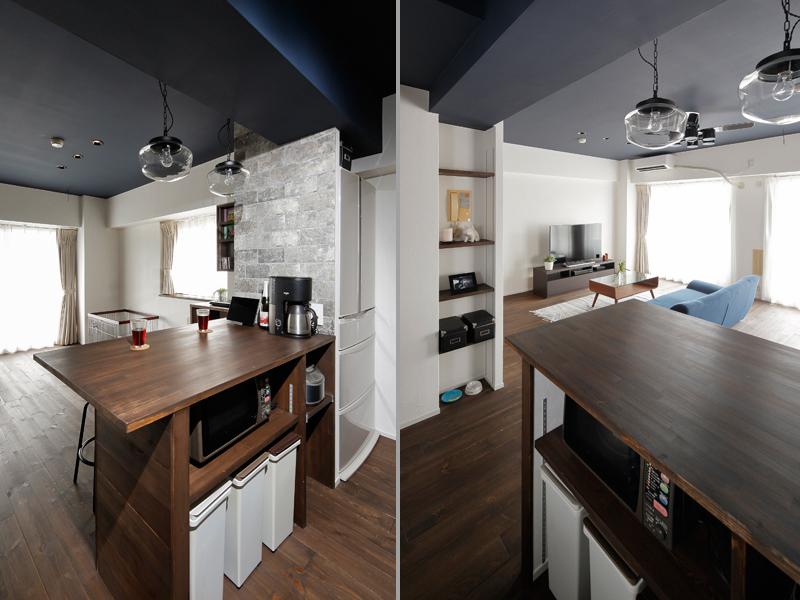 キッチンの収納スペースです。オリジナルで造作したダイニングカウンターには置き場所に困りがちなキッチン家電やゴミ箱用のスペースを計画的に用意しカウンターやシンク周りが広く使えるように工夫しました。壁のデッドスペースには可愛らしいニッチを造作。