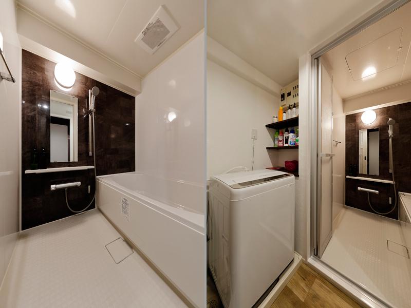 人造大理石を使った高級感ある浴室です。中古物件の場合、前住者の痕跡が残りやすい水回りは交換したいもの。新品のユニットバスは浴槽が広くなるケースが多く従来よりゆったりと入浴を楽しめます。脱衣室には小さな窪みに棚を造作しました。隙間も残さず活かします。