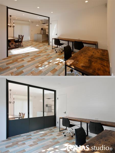 地域に多目的に開放できるようキッチンも設置したコミュニティスペースです。床はペイントウッド模様でカフェのような装いに。ガラスの引き戸を開閉することでフレキシブルに活用できます。