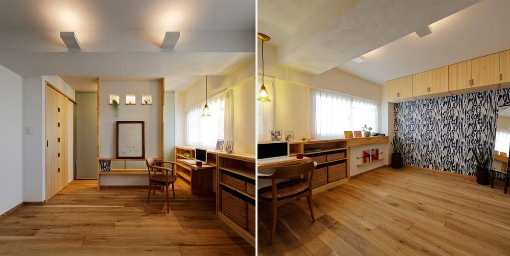 アクセントウォールが特徴的なご施主様・お嬢様の居室です。内窓のある壁の背後はW.I.C。ロールスクリーンで衣類を隠します。TV台や棚・マガジンラックをパイン材でオリジナル造作。インナーサッシを施工して断熱性UP!