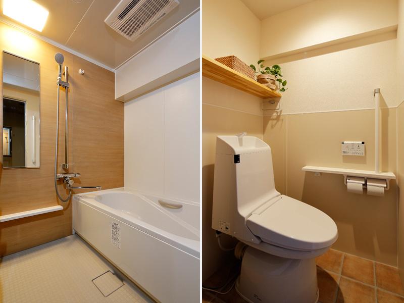 ナチュラルな装いの浴室・トイレです。左）お湯が冷めにくいダブル保温構造の浴槽。 右)シンプルなシャワートイレ。立ち上がりを補助するバーを設置。床には遮音材を施工しました。タイルに見える足元は清掃しやすいPタイルです。