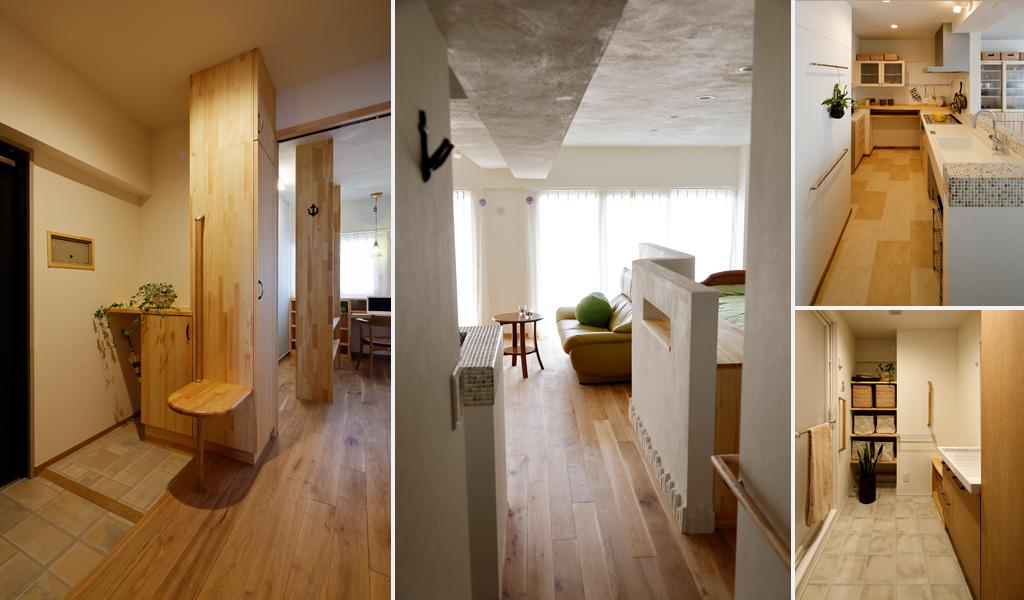 車椅子も通れるゆったりした幅員の通路です。無垢ナラ材やPタイルを場面に応じて使い分けました。建具は引き戸なので開放時に移動の邪魔になりません。 デッドスペースを活用して収納を造作。