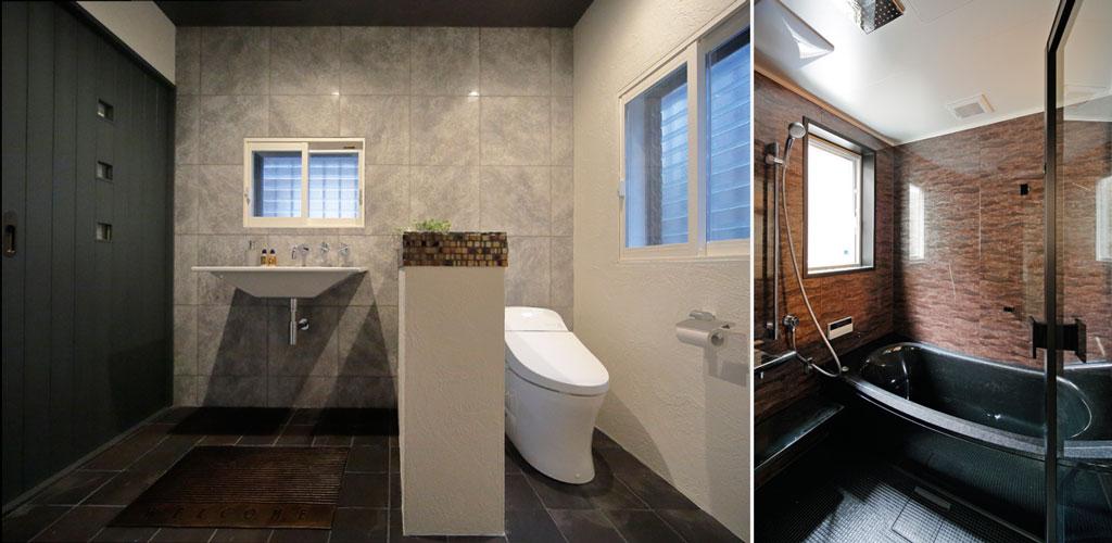 ストイックな男らしさが全面に表れたシンプルデザインのサニタリーです。色幅・色ムラの強い石調タイルを中心にリッチな装いに。透明性のある扉で浴室の閉塞感を無くしました。建具はお好みに合わせたオリジナル品です。