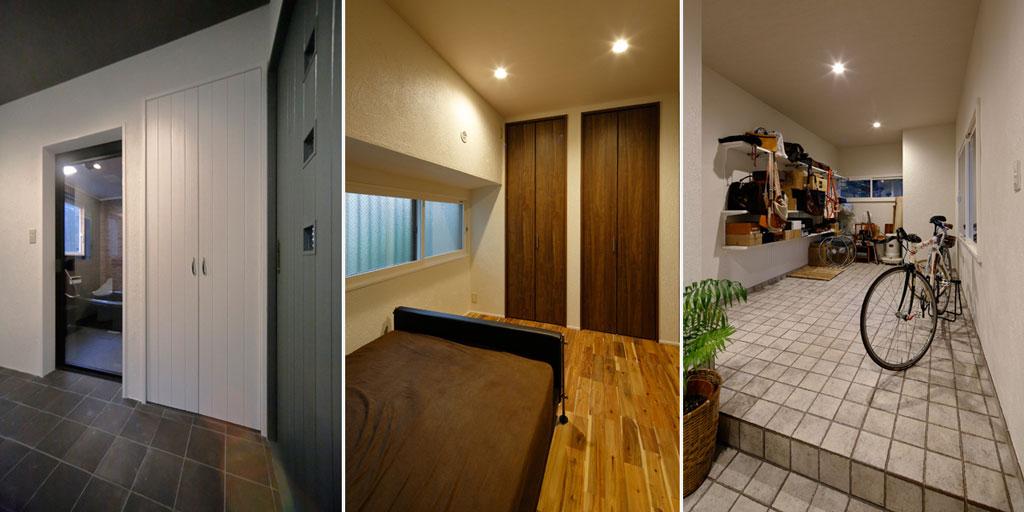 多種多様にご用意した収納スペースの数々です。左)パイン材で白い扉を造った洗濯機の収納コーナー。便利な棚も。 中)寝室の収納は天井付近まで使える大容量タイプ。 左)土間を延長したシューズクローク。そのまま中庭にも繋がります。