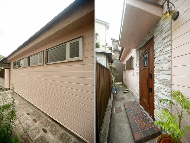 H様邸の外観の様子です 左)防犯面から掃き出し窓を止め侵入しにくいタイプの大きさ・種類に窓を変更 右)スチールタイプの玄関扉を木調扉に交換し扉周りをデザインタイルで飾りました。