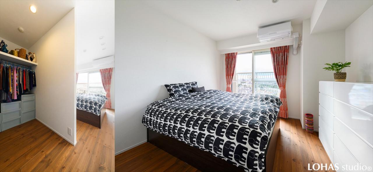 清潔感のあるベッドルームには、手前にウォークインクロゼットをご用意しました。ドアを用いずに壁でやんわりと空間を間仕切りすることによって、圧迫感を感じず視界もごちゃつかない、よりくつろげるスペースになっています。