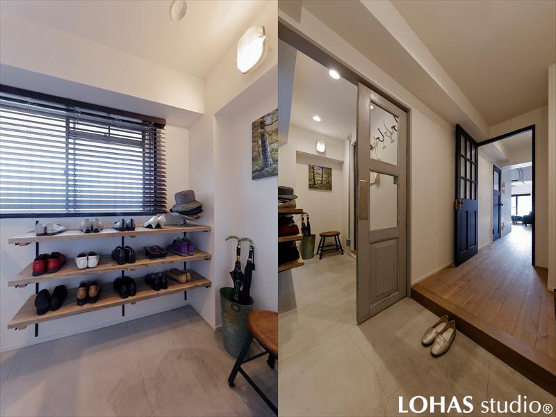 玄関から見える二つの扉は、お施主さま自ら探された「アンティーク扉」！枠は弊社でご用意し、いびつで納まらないドアの周囲は少しカット。古い塗装と違和感の無いように、少し擦れた雰囲気でタッチアップしたこだわりの仕上がりです。