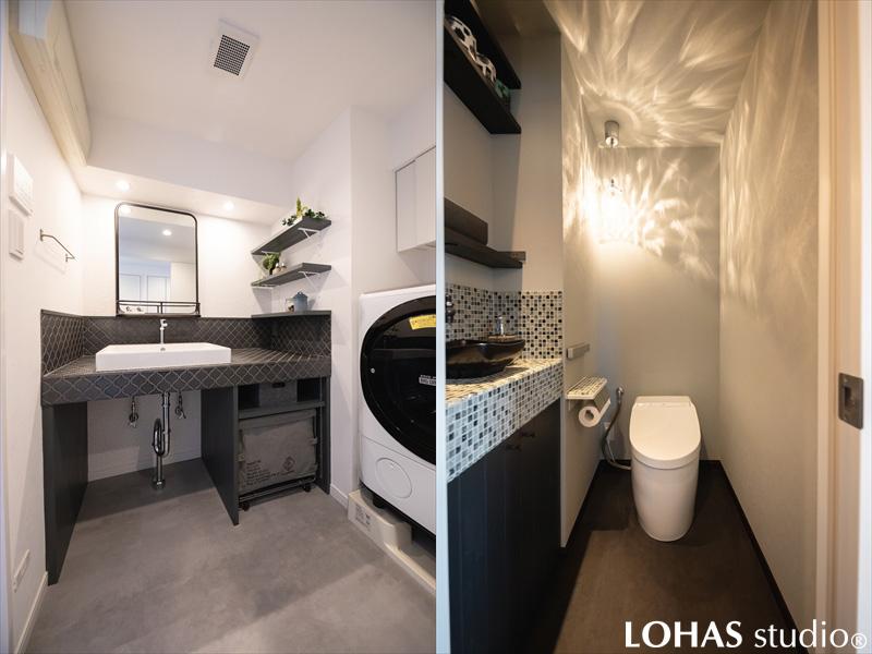 右）ラグジュアリーな照明が存在感を放つサニタリー。モザイクタイルをあしらって、ホテルのような空間となりました。
左）ランドリースペースは支給品の鏡を中心に、グレートーンでまとめました。シンプルでありながらひとつひとつにD様ご夫婦のこだわりが詰まっています。