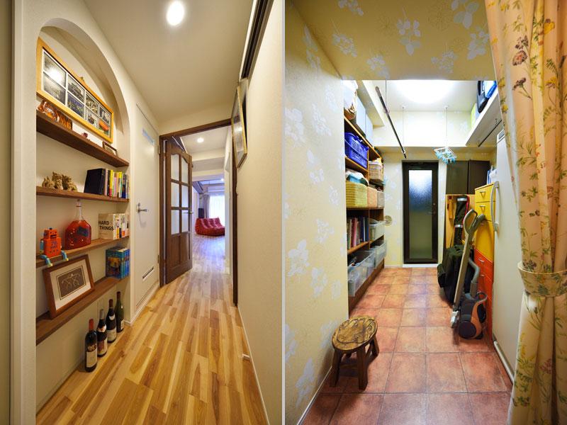 左)廊下に造作したニッチ。曲線を描いて優しい印象です。右)LDKとつながるフリースペースです。食品以外に大型家電や長尺の物干し竿も楽々収納。室内干しもOKです。間仕切りはデザインも楽しめるカーテンをご採用。