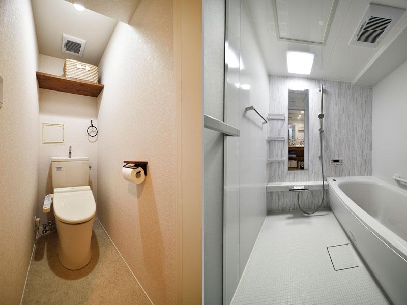 設備を新しく交換したトイレ・浴室です。トイレの内装は淡い桜色を用いて優しい雰囲気に。一枚板でシンプルな棚を造作し木の風合いを加えました。浴室は白を基調に清潔感ある爽やかな色合いが採用されました。