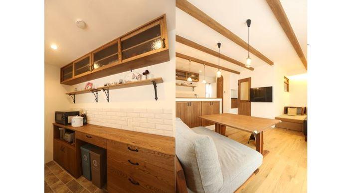 木の暖かみのあるカップボードと作業台にもなる収納棚。/天井に木をはることでより一層おしゃれな空間に。