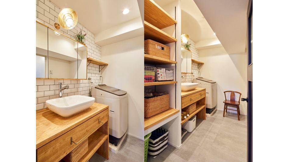 船舶ランプが魅力の爽やかな洗面所