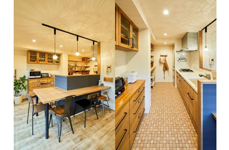 お洒落なカフェのようなカウンター / キッチンの床はタイル張りにし、空間を緩やかに仕切る