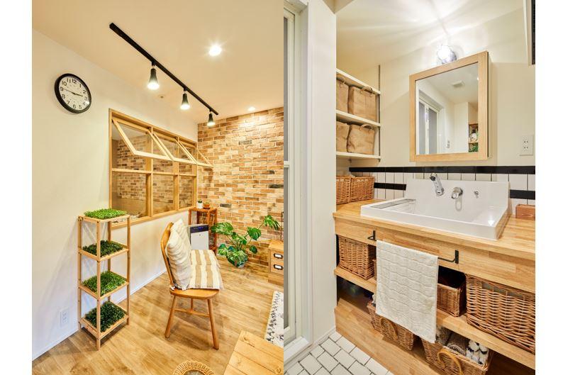 造作の洗面化粧台はデザイン性と使い勝手を両立 / レンガタイルもLDKから居室まで続く