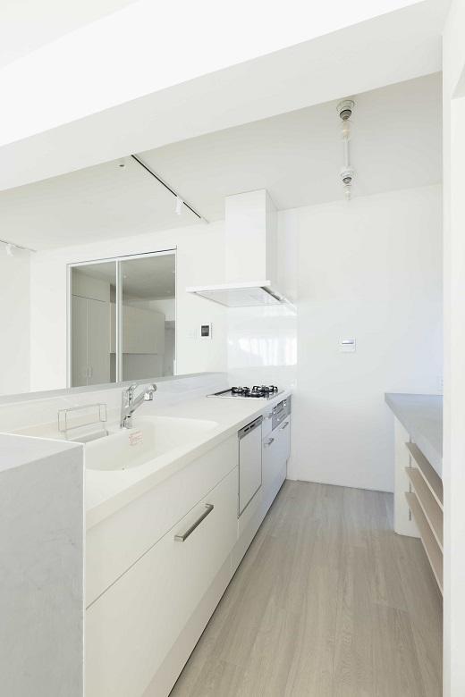 使いやすさと機能性も高いシステムキッチン。背面にはカウンターと収納スペースを完備し、料理も捗ります。