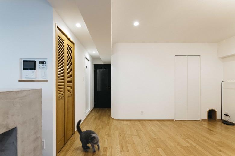 角を作ると猫が引っ搔いてしまうというお話しから、LDKへと繋がる空間をアーチの壁に仕上げました。