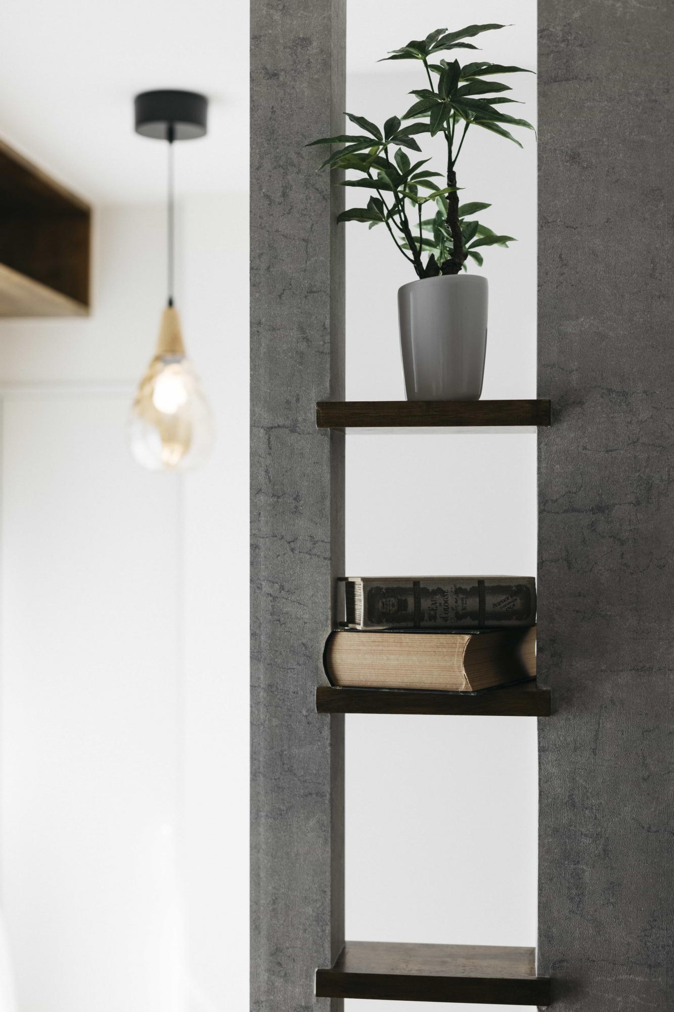 テレビボードの横にはちょっとした棚を製作し、本や観葉植物をインテリアとして飾れるように。