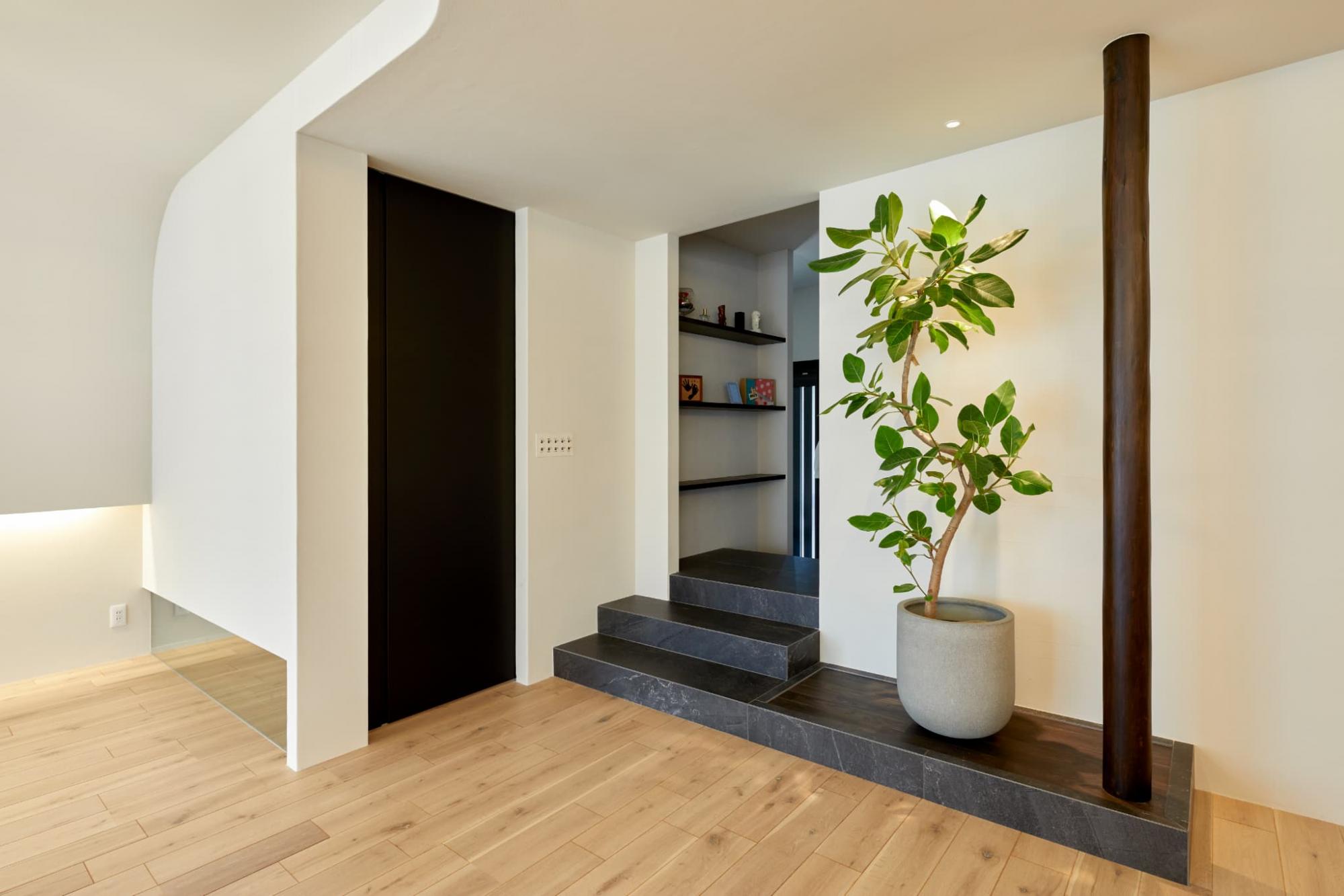 陶磁器タイルで階段を造作。最下段を延長した小上がり部分は無垢のフローリングで仕上げ、観葉植物などをディスプレイできるスペースへ。