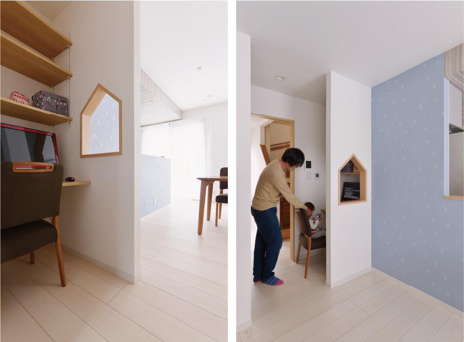 こちらはワークスペース。かわいい家型の開口が空間のつながりを感じさせ、ほどよい籠り感になりました。