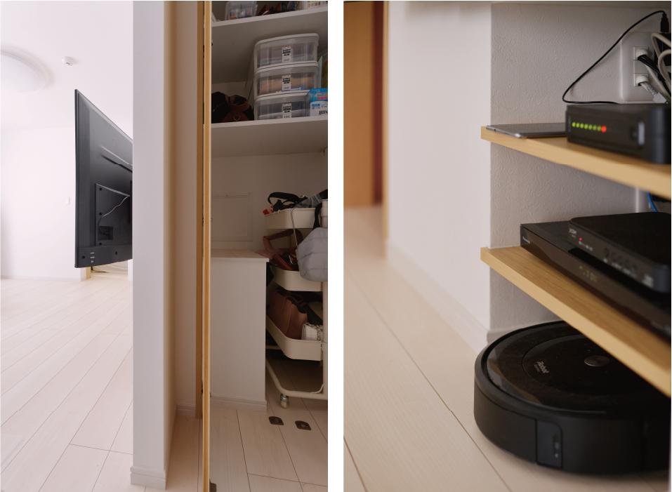 配線の見えない壁かけTVの秘密は裏側。収納の点検口から配線を繋ぎ替えたり、メンテナンスができるように設計しました。TV下のニッチ棚にレコーダーやゲーム機を置き、1番下はルンバのお家になっています。