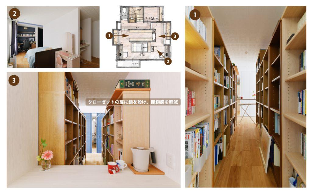 たくさん本をお持ちの施主様はたっぷりの本棚スペースがご希望。寝室・書斎・本棚スペースを一続きにすることで、使いやすく視線の抜ける開放的な空間になっています。本棚コーナーは壁で囲わないことで明るさも確保。カウンターを設けてアイロンがけなどの作業スペースとしてもティータイムも楽しめるようになっています。