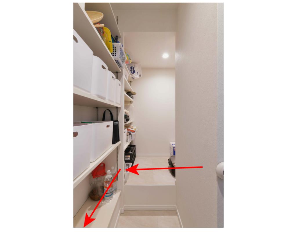 自然な勾配でスムーズに排水させる必要があるため、パントリーの床を上げて排水スペースを造りました。パントリーは元々キッチンがあった場所。そこにあるマンションの排水PSに無理なく接続するための工夫です。