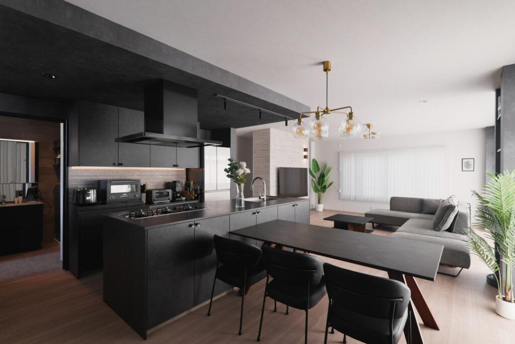 モノトーンのキッチンや内装・家具と床の木目の対象が美しい。エコカラットを張ったキッチン背面には間接照明を埋め込んできれいな陰影を強調しています。