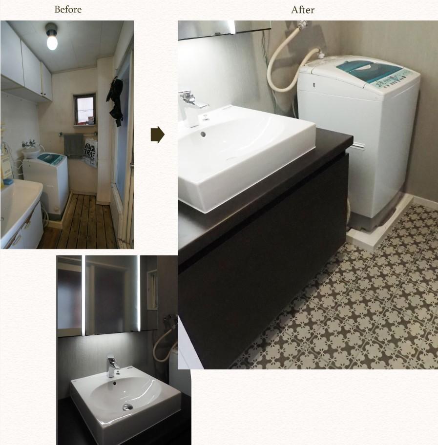 元はコンクリートの上にスノコが乗っているような床でしたが、お客様が選ばれたお気に入りのタイル貼りに！
外国のお家みたいですね♪