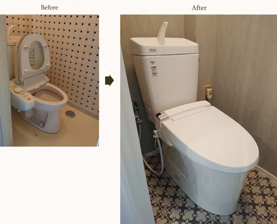 シンプルなトイレに、こちらも洗面室と同じお気に入りのタイルを床に貼りました♪