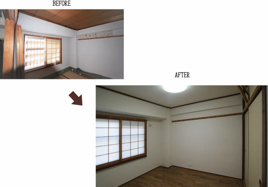 元々茶道の先生が住まわれていたそうで、障子や襖の枠に竹の目隠しカバーを付けられていたりと、とても味のあるお部屋でした。
大幅な変更は行わず、襖は市松模様のモダンな襖紙に貼替、竹の目隠しカバーや障子枠はそのまま利用させてもらい、和の雰囲気を残しながらの洋間に大変身しました♪