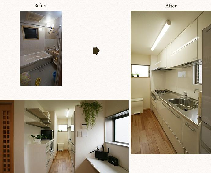 冷蔵庫横の間仕切り壁は、空気が循環するように上部をオープンにしました♪