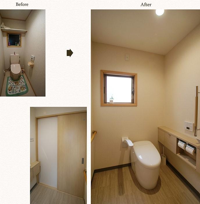 キッチン側に拡張して車イスで乗り入れが可能な仕様に。出入口も引戸にしました！
便器本体はコロンとしたフォルムのタンクレストイレですっきりとした印象に！！
サイドには手洗い付きの収納を設けて、動線をスムーズに。お掃除もらくらくです♪