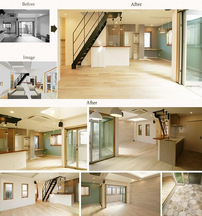 隣接する水廻りの動線を整理し、パントリーの新設と手狭だったダイニングを広く。
ダイニング後ろには、大量の書類を隠しながら収納できるデスクスペースもご提案！
バルコニーはテラスで囲ってサンルームに！！LDとの関係性も良くなりました♪