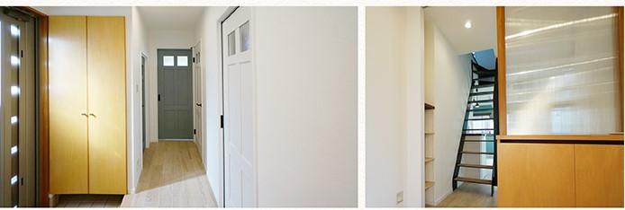 玄関収納とLDの建具は既存利用し、水廻りの扉は白、子供部屋の扉はブルーグレーで廊下にリズムを♪