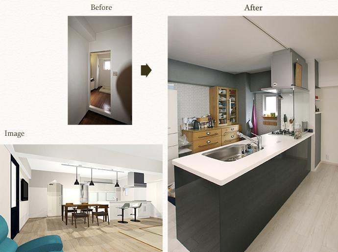 新しくキッチンを設置する場所の排水経路にとても悩まされました。
結果的にはパイプシャフト手前でスラブに埋まっていくというイレギュラーでした。
「どんな棚にしましょう？」と打合せを重ねていくうちに電子レンジを置けるサイズに広げて反対側をすっきりとさせました♪