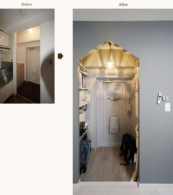 ２室を繋げたことで不要になったＬＤＫ側の玄関を家族のインフォメーションコーナーに家族の予定やお子様の工作を飾ったり、味のある小部屋になりました♪