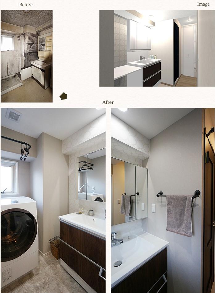 シンプルな洗面化粧台にアイアンのブラックがアクセントになっています♪