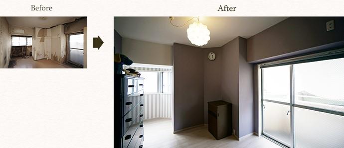 ボルドーカラーのチェストに合わせて、こちらの壁はラベンダー色に！
結露が酷かったので新たに断熱材を追加し、窓枠は樹脂製のモノにしました♪