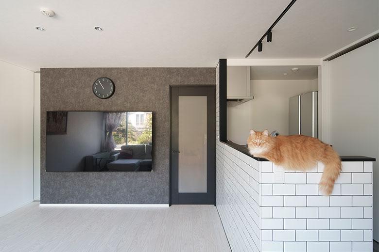 北向きのリビングなので、入ってくる日差しを少しでも反射させたいと、大きな面積を占めるクロスや床はホワイト系をベースに、好みのグレーと黒をアクセントに使った。子どもが登ったりぶつかったりするかもしれないのでTVボードは置かず、子供や愛猫が思い切り遊んでも、安心でスッキリとしたリビングにした。