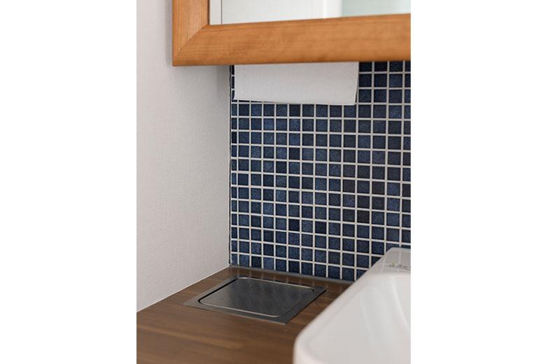 以前からペーパータオルを使っていたそうだが、ペーパーとごみ箱の置き場に困っていた時に、洗面台にペーパーホルダーとダストシュートを付けた事例を見てこれはいいと思っていたという。廊下に作った洗面台はすっきりさせたかったので、採用したそう