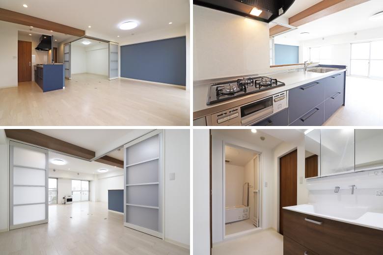 ― 生活動線と収納を見直し、暮らしやすさを極めた空間 ―

3LDKから2LDKへの間取り変更を行い、空間のゆとりと機能性を重視したリノベーションを実施しました。
和室を洋室に改装し、使用用途の幅を広げることで、現代のライフスタイルに寄り添う快適な住空間を創出。

ユーティリティへの出入口を廊下とキッチンの2WAY動線とすることで、家事のしやすさを大きく改善しました。
さらに、冷暖房エアコンの新設により、一年を通して快適に過ごせる住環境を整備しています。

洋室とリビングダイニングの間にはスライドウォールを新設。
シーンに合わせて空間を広く使ったり、独立した個室として仕切ったりと、ライフスタイルに合わせた柔軟な使い方が可能です。

玄関には新たにシューズボックスを設置し、収納力をアップ。
キッチン、ユニットバス、洗面化粧台、トイレもすべて新調し、内装は、壁紙の全面張り替えとフローリングの上張り施工、トイレやユーティリティの床に新しいCFシートの採用、建具、スイッチ、コンセントに至るまで美しく一新。

細部まで機能性と美しさが調和する、洗練されたリノベーションを実現しました。