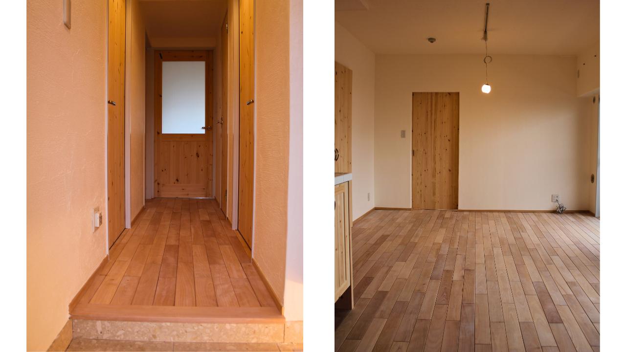 リビングは隣接する和室と一体化し、広々とした空間へ生まれ変わりました。廊下も無垢材と漆喰でリフォーム。室内ドアも無垢材のものに入れ替えました。