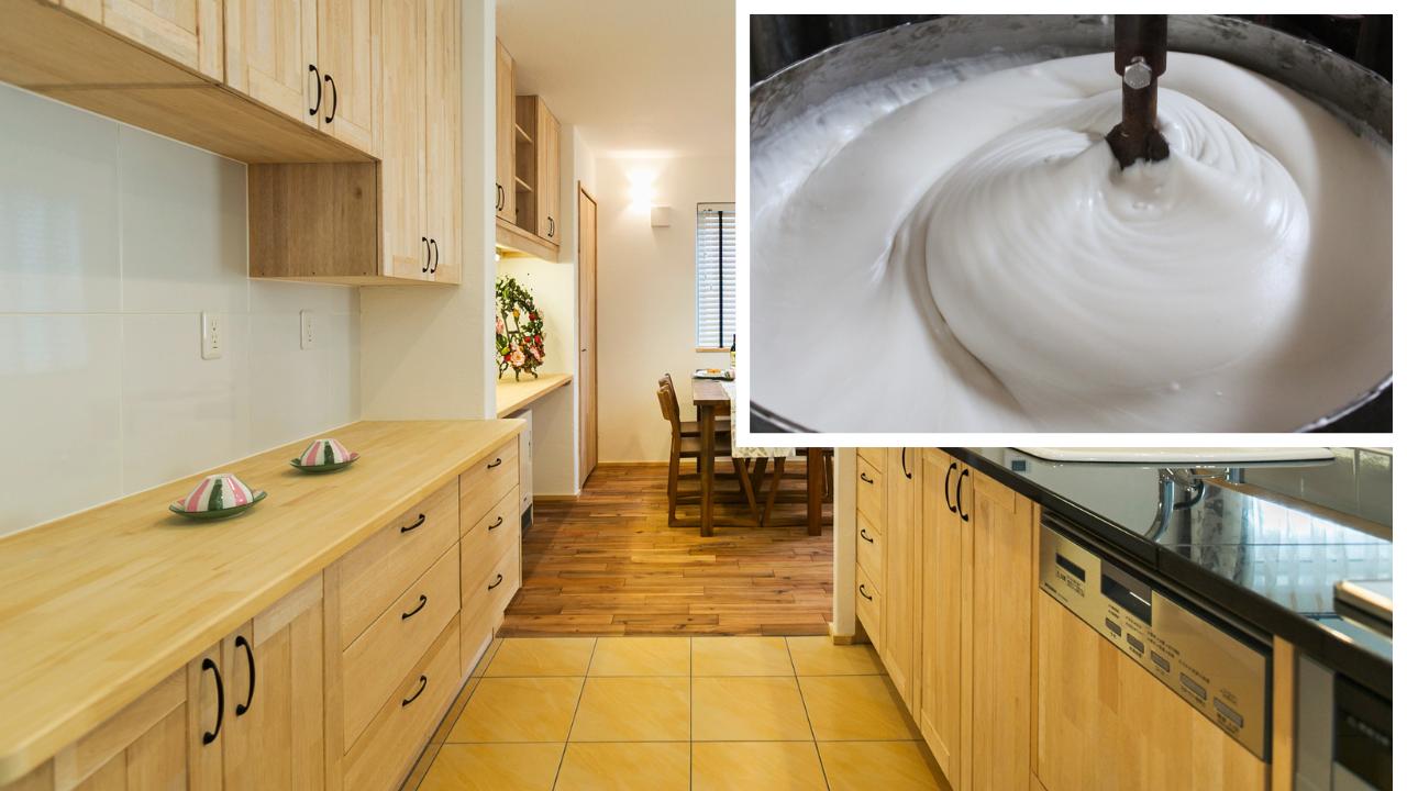 接着剤＜米のり＞
キッチンやキャビネット、室内ドアなどに使用されている集成材は、米のりで接着。米は熱によってα化（高分子化）し、固まるとセルロース、 つまり木と同じようなものに変化します。そのため、気温や湿度によって多少集成材が膨張や収縮をしても、 米のり自体が木と一体化してはがれにくいのです。
昔から日本では、仏像等の接着に使われて100年以上もつことがわかっています。